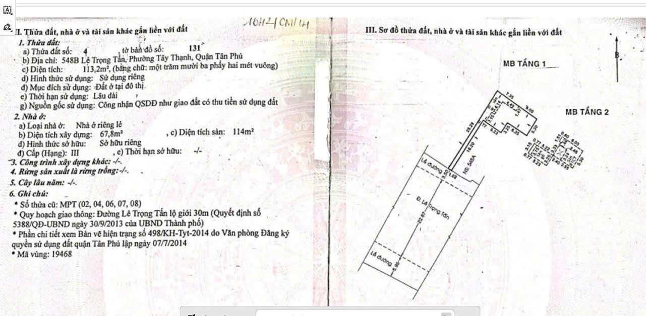 Bán nhà mặt tiền Lê Trọng Tấn – Tân Phú | Diện tích 162m² – Mặt hậu rộng 12m