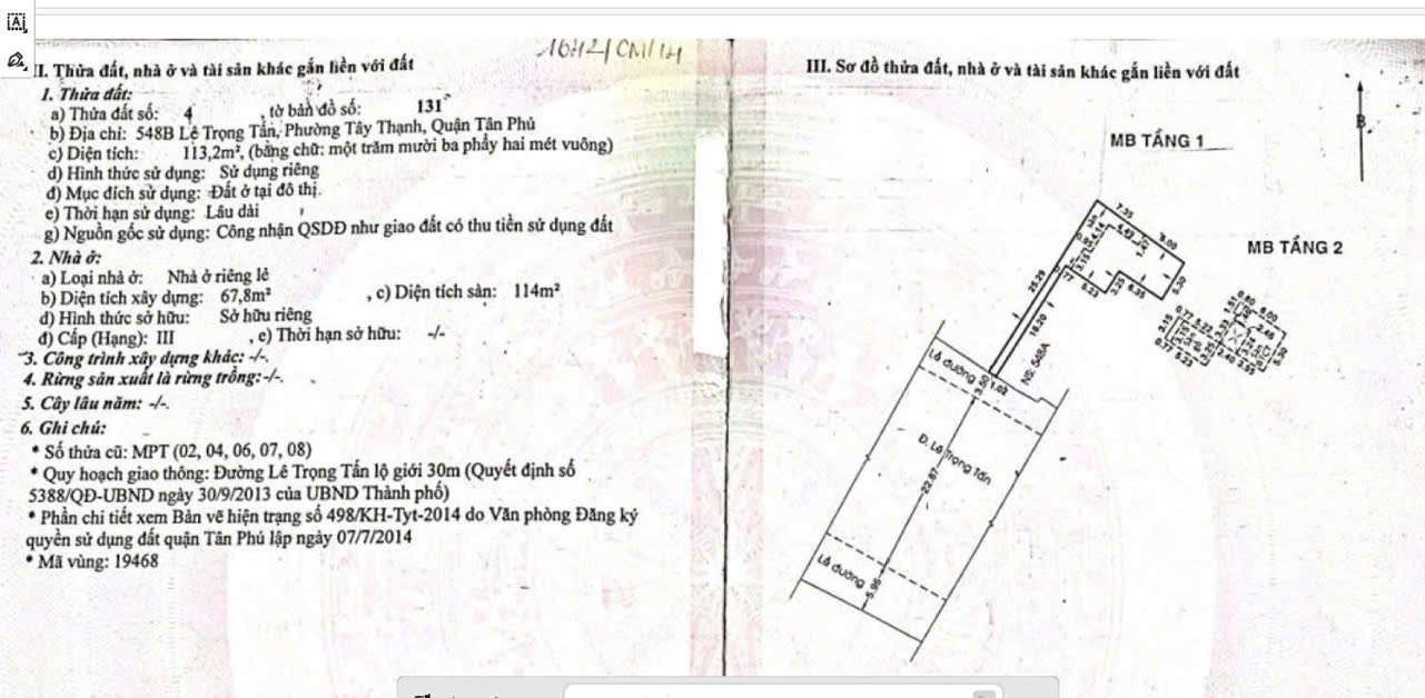 Nhà phố 162m² mặt tiền Lê Trọng Tấn Tây Thạnh Tân Phú giá 15.4 Tỷ